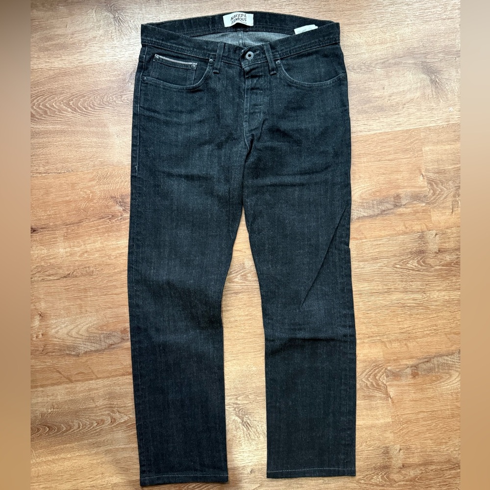 Naked and famous weird guy Black grey indigo stretch selvedge Straight Leg Jeans